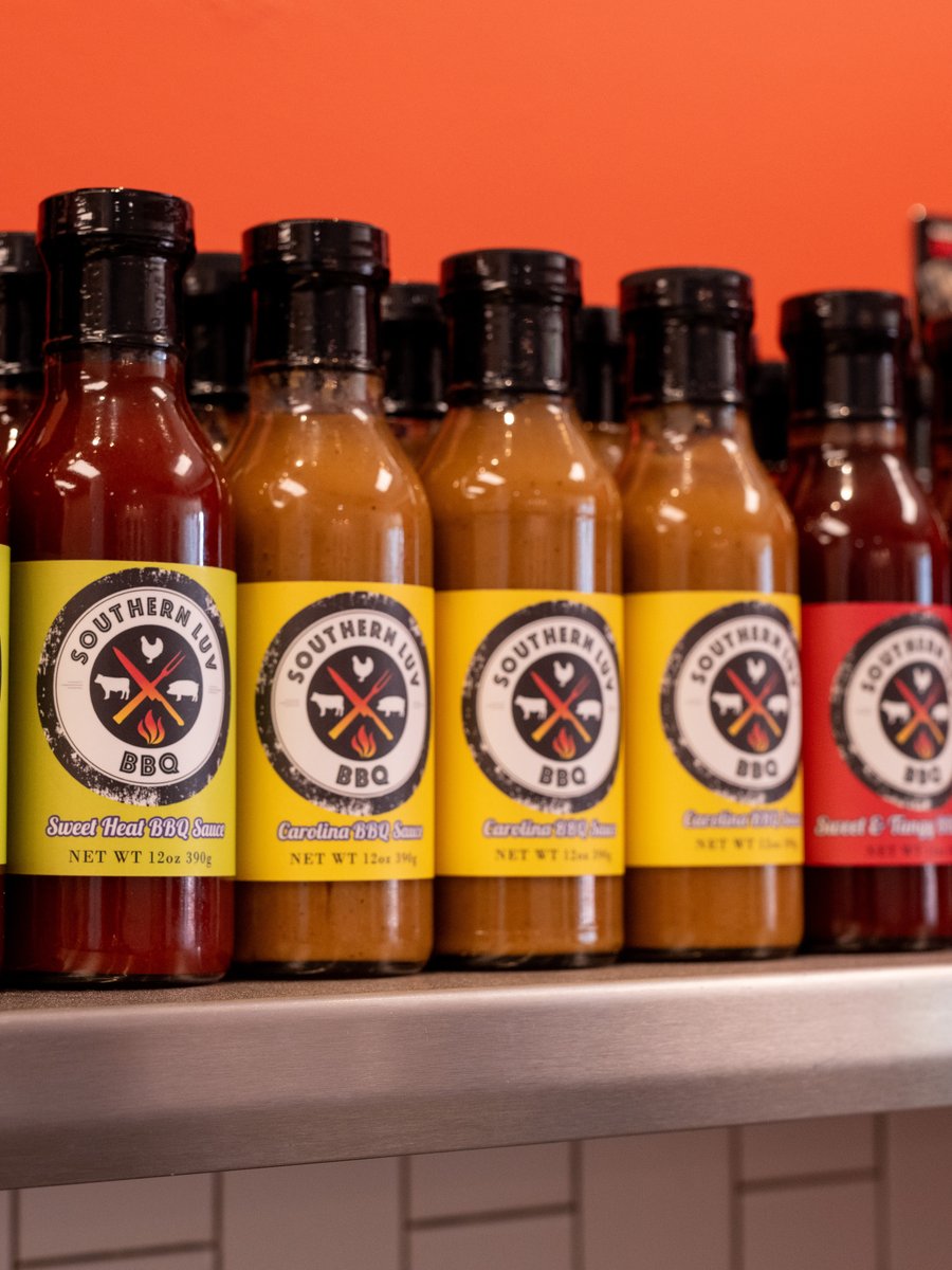 Southern Luv BBQ sauces lined up on the shelf in the Citrus Park store